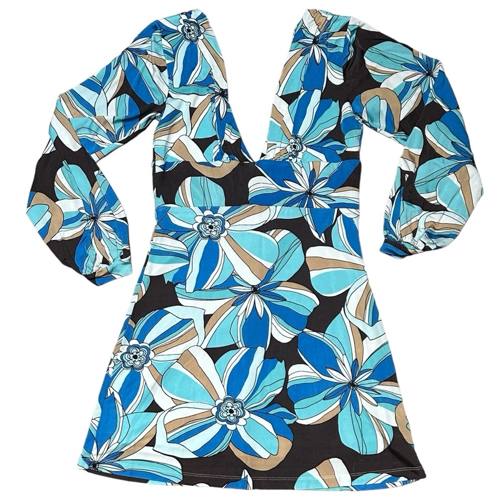 70s retro micro mini dress bright blue fun long sleeve hippie costume dress